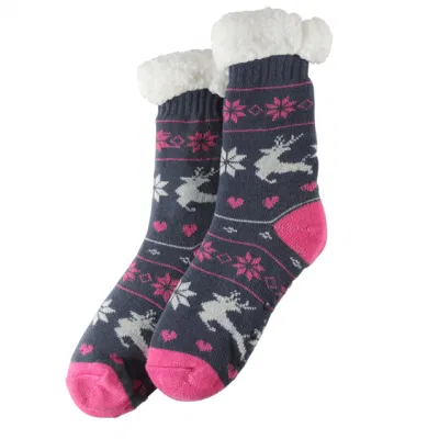 Dicke weihnachtliche rutschfeste Slipper-Socken aus Acryl und Polyester, warme Bodensocken